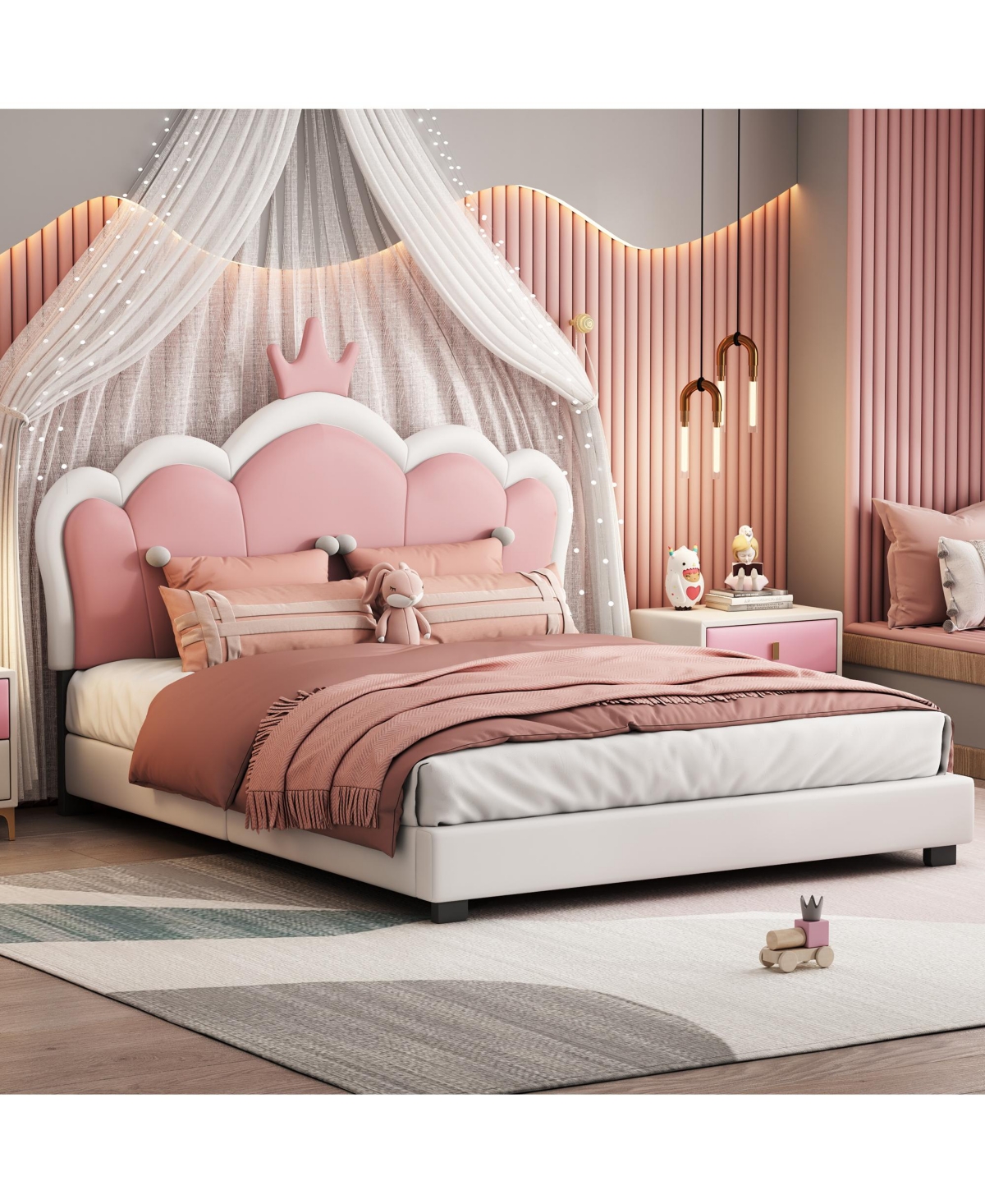 Lovmor Full size Upholstered Princess Bed With Crown Headboard Full Size Platform Bed with Headboard and Footboard Cream+Pink