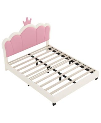 Full size Upholstered Princess Bed With Crown Headboard Full Size Platform Bed with Headboard and Footboard Cream+Pink
