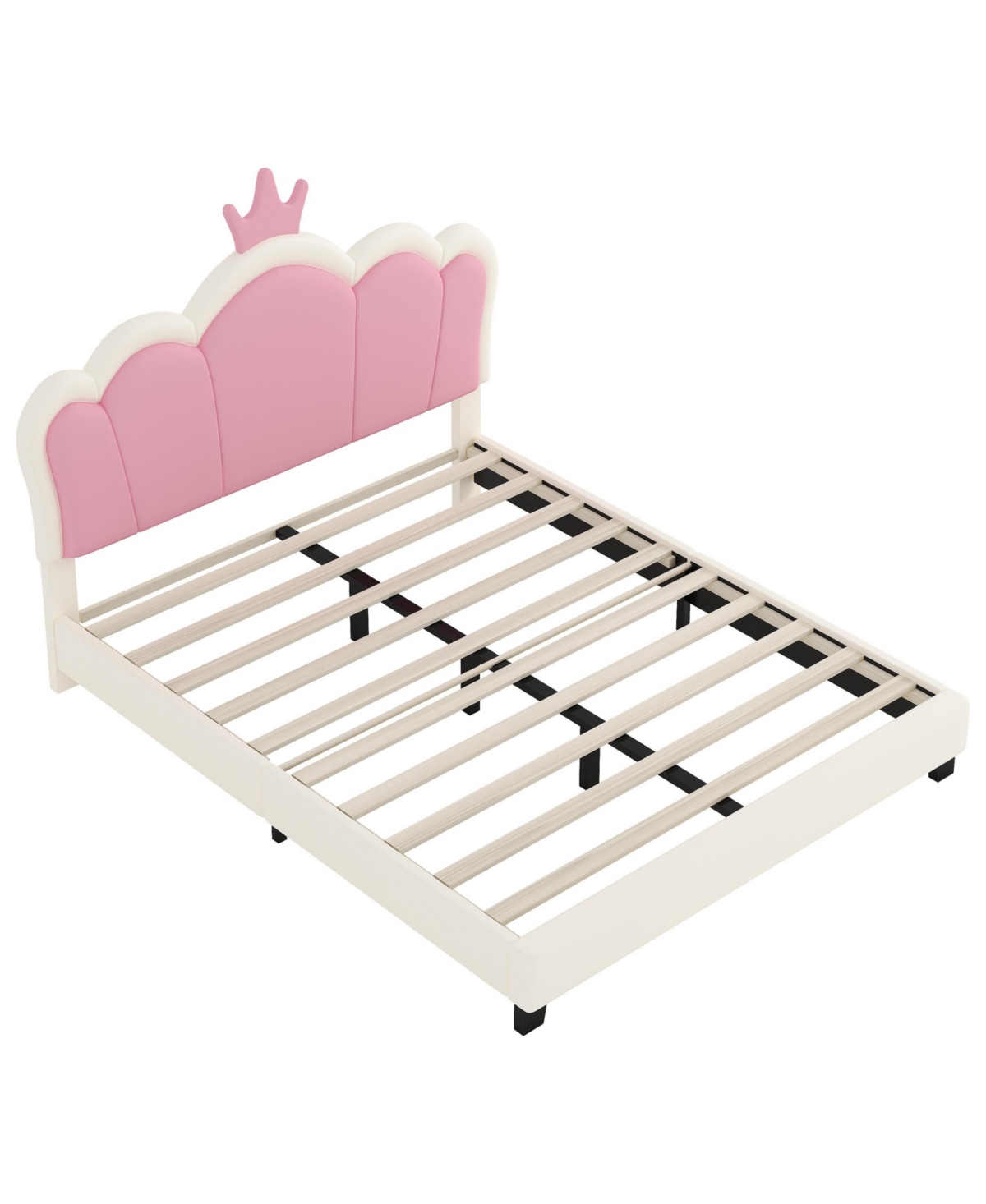 Lovmor Full size Upholstered Princess Bed With Crown Headboard Full Size Platform Bed with Headboard and Footboard Cream+Pink