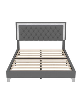 Queen Size Upholstered Bed Frame with LED Lights Modern Velvet Platform Bed with Tufted Headboard Gray