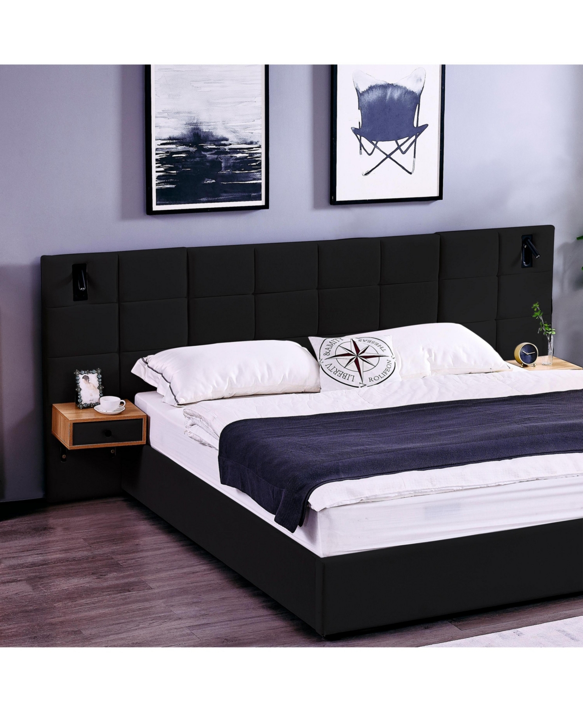 Lovmor King Size Storage Velvet Upholstered Hydraulic Platform Bed with 2 Shelves 2 Reading Lamps and Usb Port