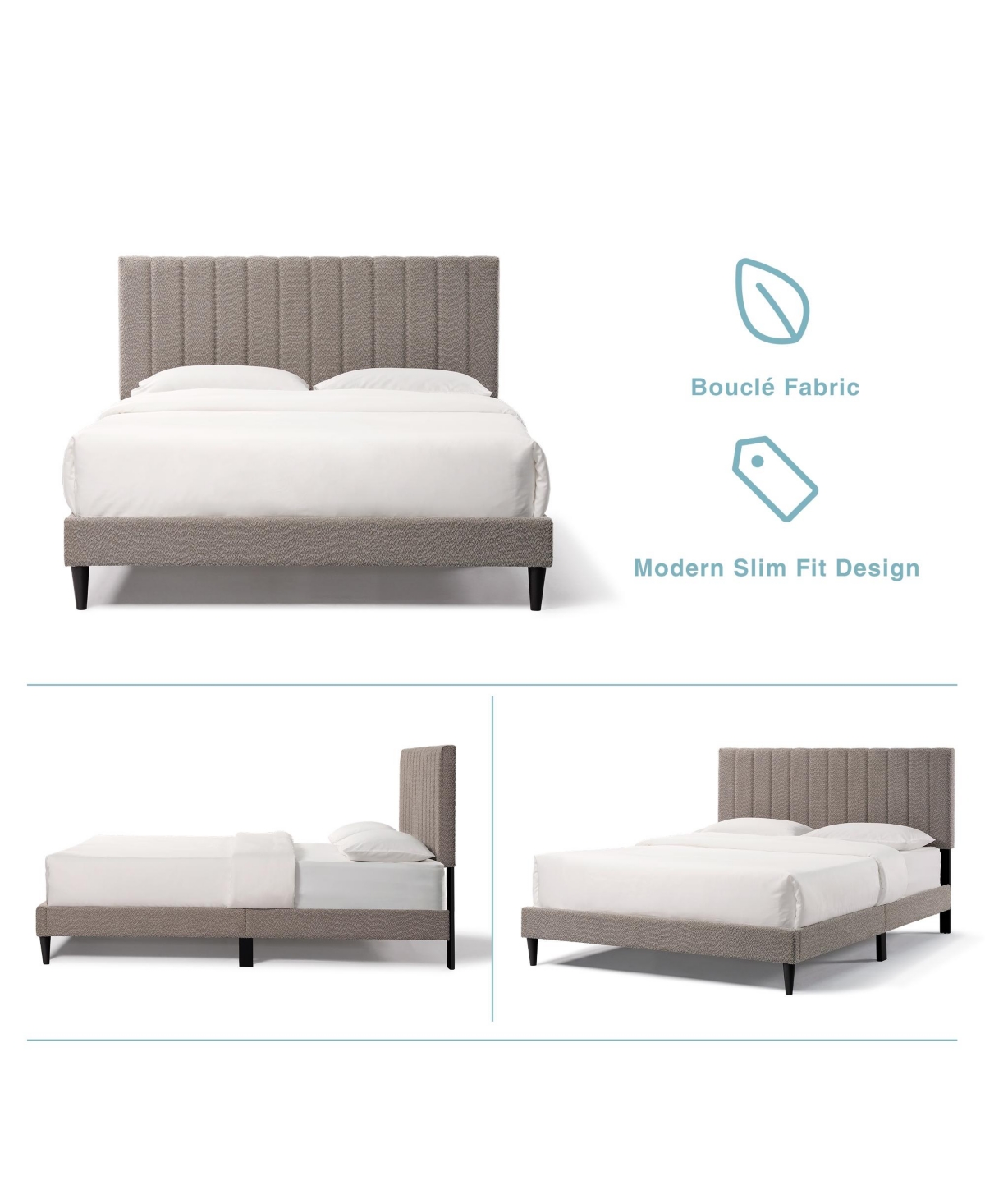 Lovmor Gray Upholstered Queen Platform Bed Frame Tufted Channel Headboard Mid-Century Bedroom Furniture No Box Spring Required