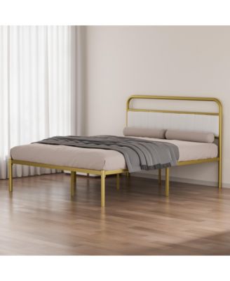 Queen-Size Metal Steel Platform Bed Frame with Durable Upholstered Headboard Cushion Iron & Wood Adjustable for Hotels Villas