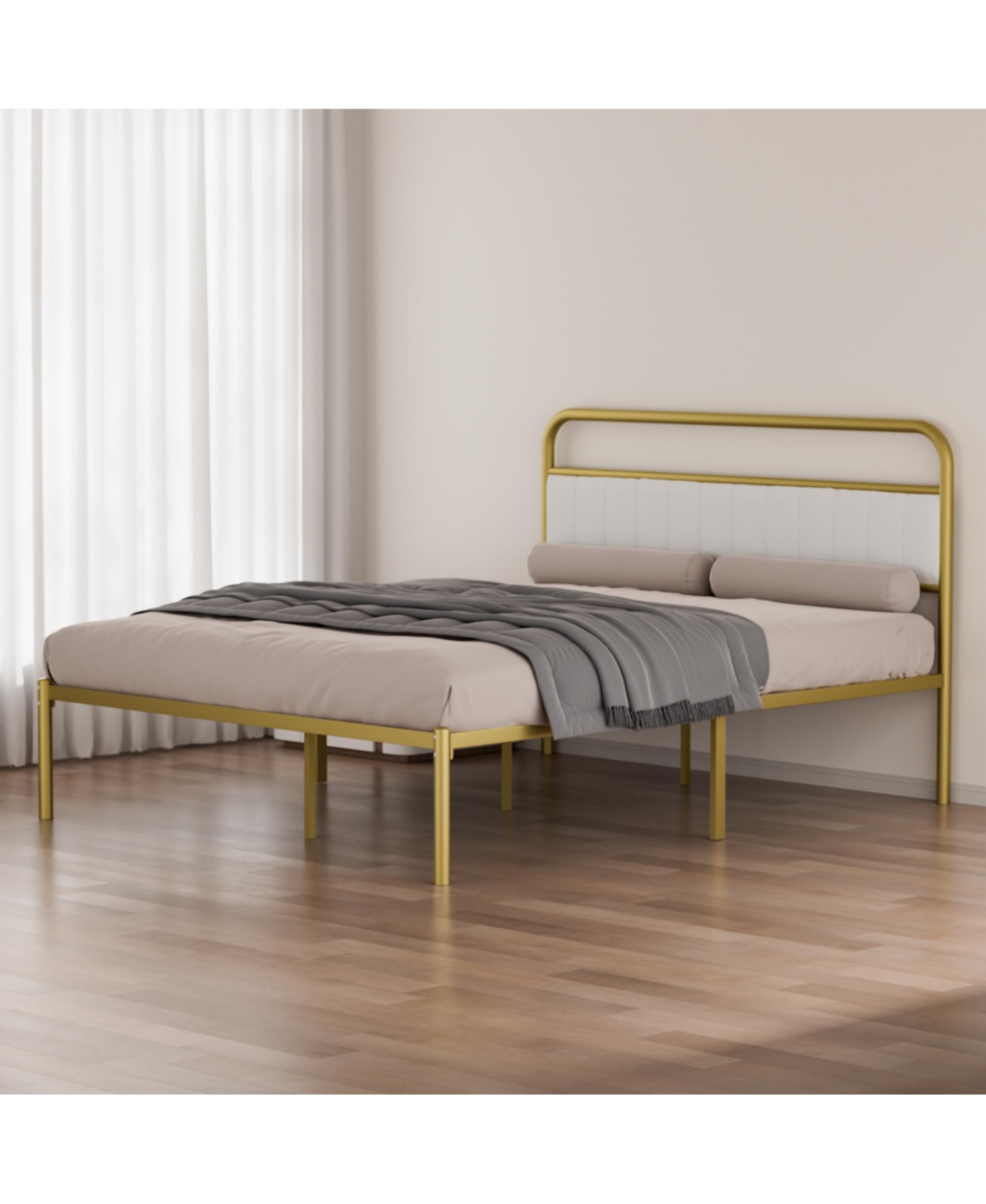 Lovmor Queen-Size Metal Steel Platform Bed Frame with Durable Upholstered Headboard Cushion Iron & Wood Adjustable for Hotels Villas