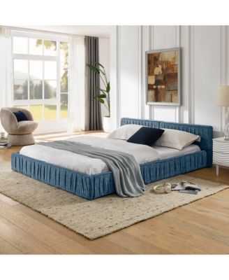 Queen Size Upholstered Bed Frame with Chenille fabric Grounded Queen Size Platform Bed with Headboard and Solid Frame No Box Spring Needed-Blue