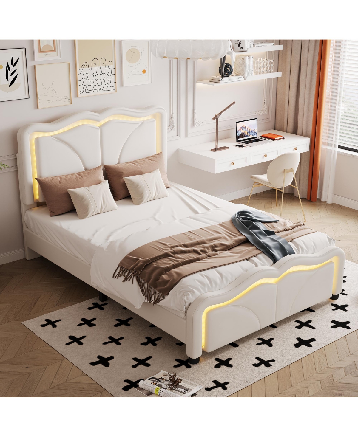 Lovmor Twin Size Upholstered Platform Bed with Curve Shaped and Height-adjustbale Headboard Led Light Strips White