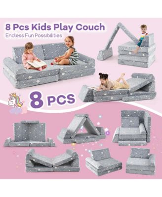 8 PCS Modular Kids Play Couch with Handles Machine Washable Covers for Building Fort