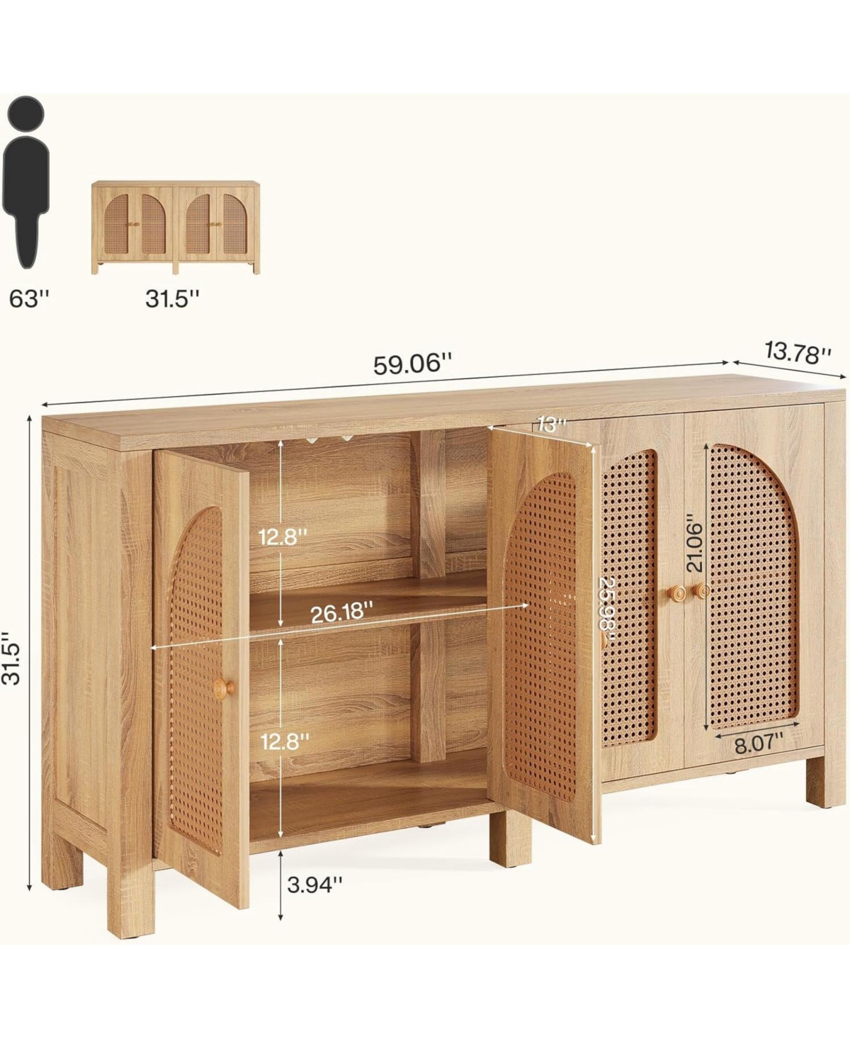 Tribesigns 59" Rattan Kitchen Storage Buffet Cabinet, with 4 Doors