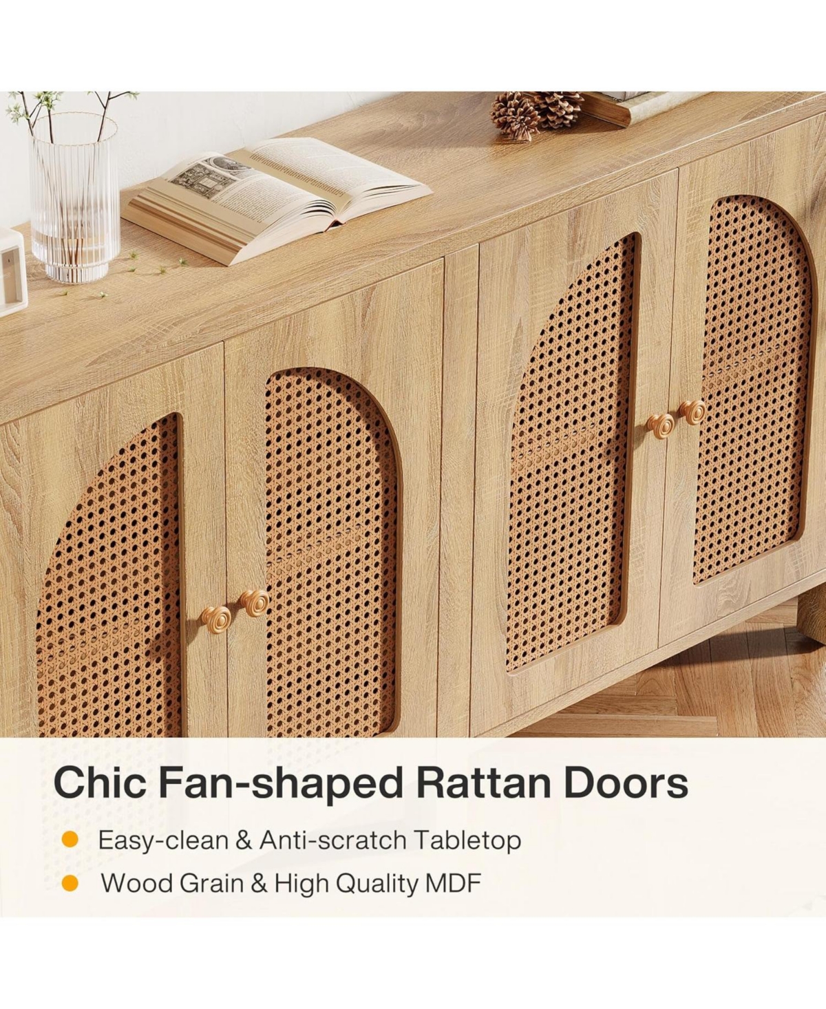 Tribesigns 59" Rattan Kitchen Storage Buffet Cabinet, with 4 Doors