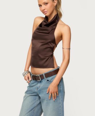 Women's Satin Effect Backless Cowl Neck Top
