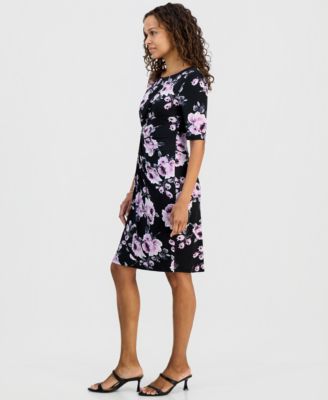 Petite Floral Twist-Front Elbow-Sleeve Dress