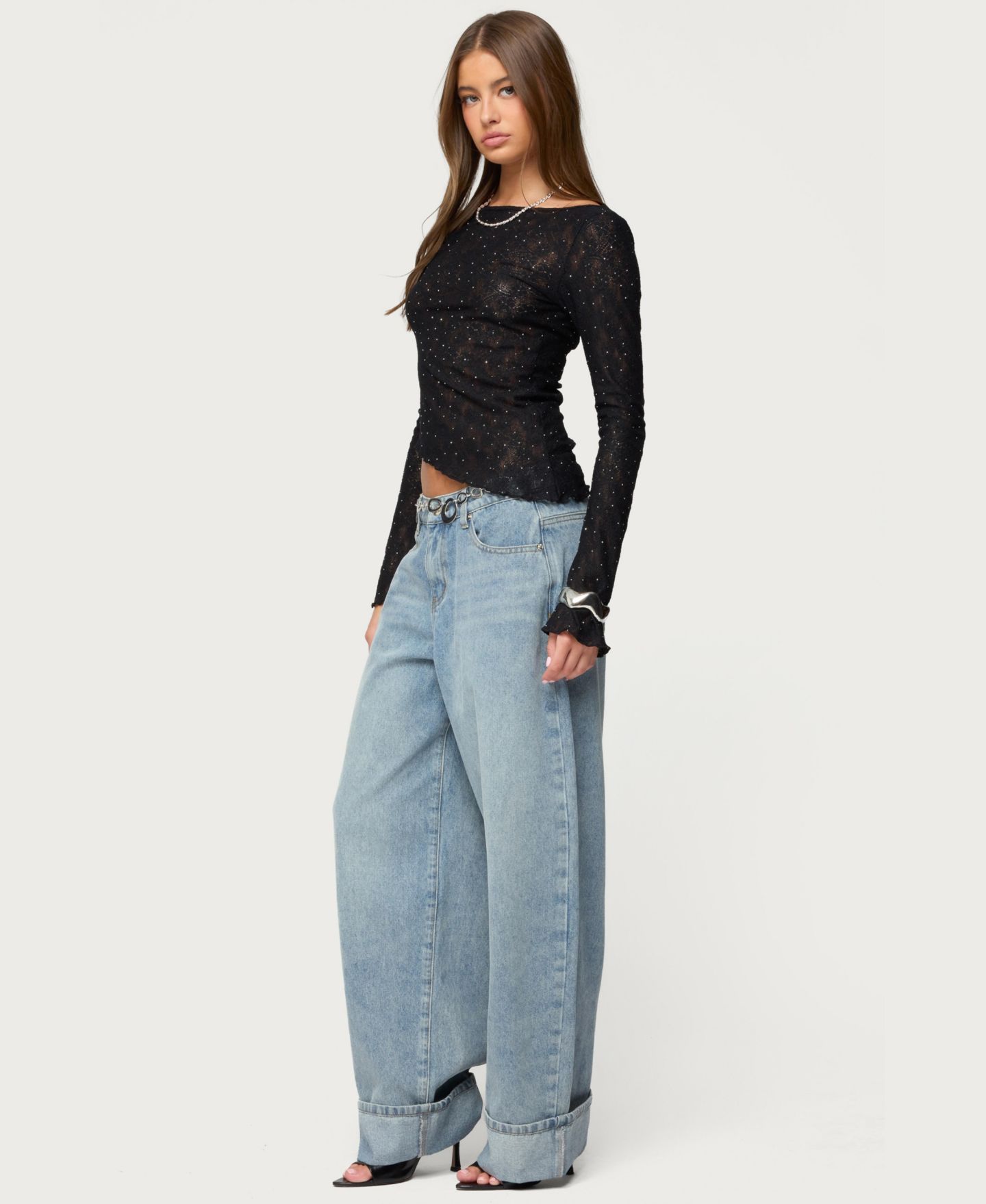 Женский топ Edikted Mare Asymmetric Gem Sheer Lace Top, цвет: Чёрный — фото 3