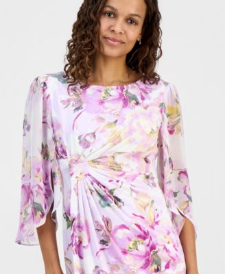 Petite Floral Gathered-Front Cape-Sleeve Dress