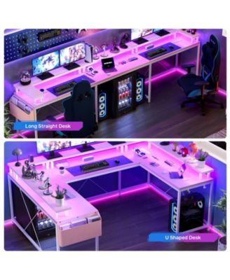U Shaped Desk, 126 Inch Gaming Desk with Monitor Stand and LED Lights
