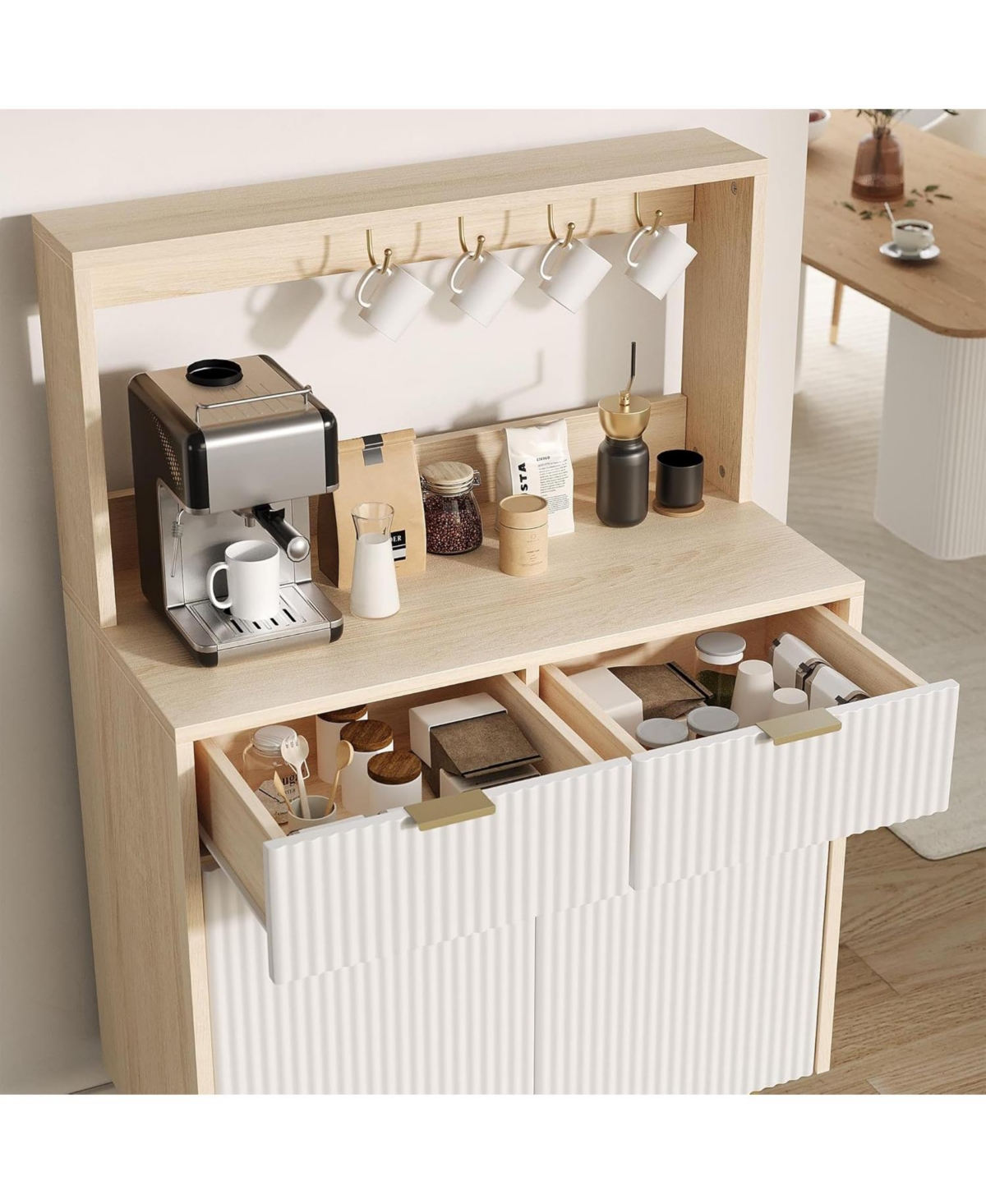 gaomon Fluted Sideboard Buffet Cabinet with Storage, Adjustable Shelves & 2 Drawers, Wood Console Table for Kitchen, Dining, Living Room, Natural