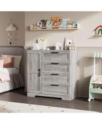 4-Drawer Modern Wood Dresser with Wardrobe Closet, Hanging Rod Storage Cabinet for Bedroom, Multifunctional Armoire Organizer