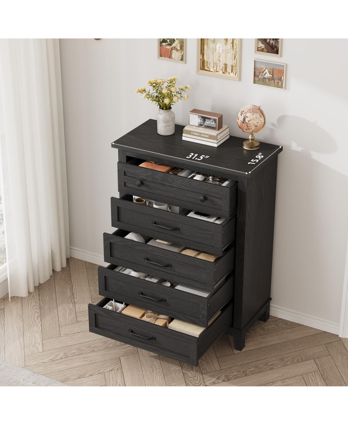gaomon 5-Drawer Black Freestanding Wooden Chest, 41.3" Tall, Vertical Dresser for Living Room, Bedroom, Entryway ,measuring 31.5"L x 15.8&#x