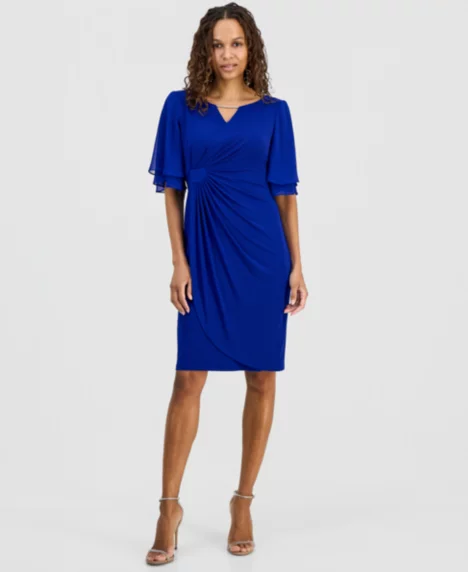 Petite Double Flared-Sleeve Bar-Trim Dress - Dcl