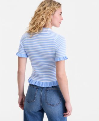 Women's Short-Sleeve Ruffle-Trim Collared Sweater