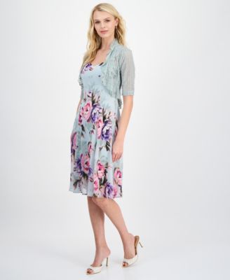Women's 2-Pc. Floral Chiffon Sleeveless Dress and Ruffle-Front Jacket