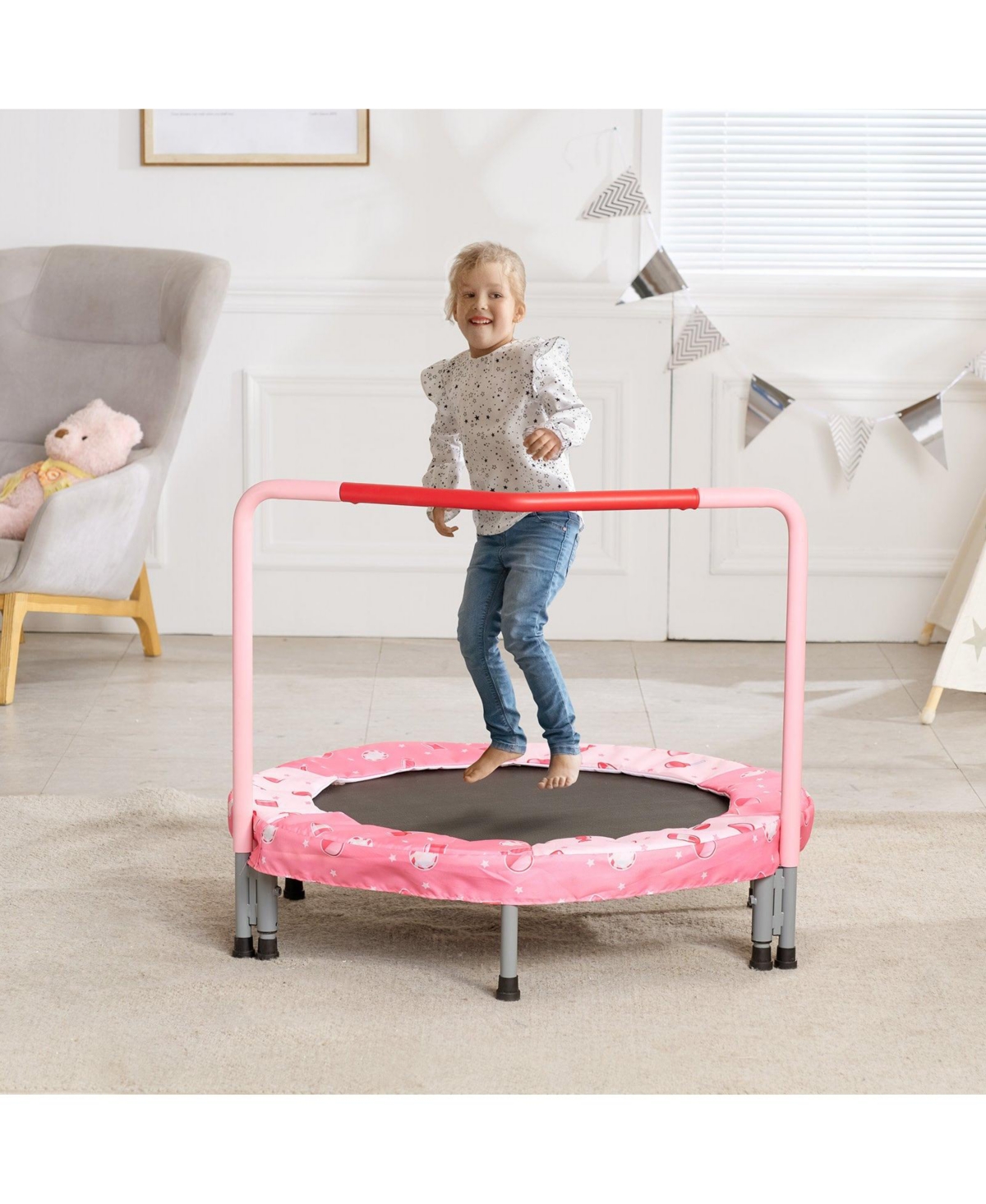 Sugift 36" Kids Trampoline Foldable Indoor Outdoor Mini Trampoline with Handle Red