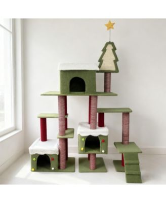 Festive Cat Tree with Star & Snow Designs, Multi-Level Play & Cozy Cabins