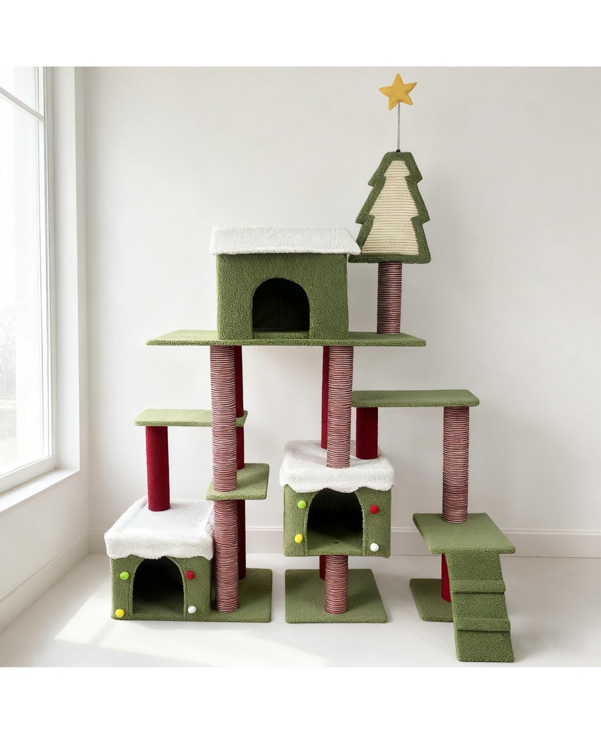 Aostirmotor Festive Cat Tree with Star & Snow Designs, Multi-Level Play & Cozy Cabins