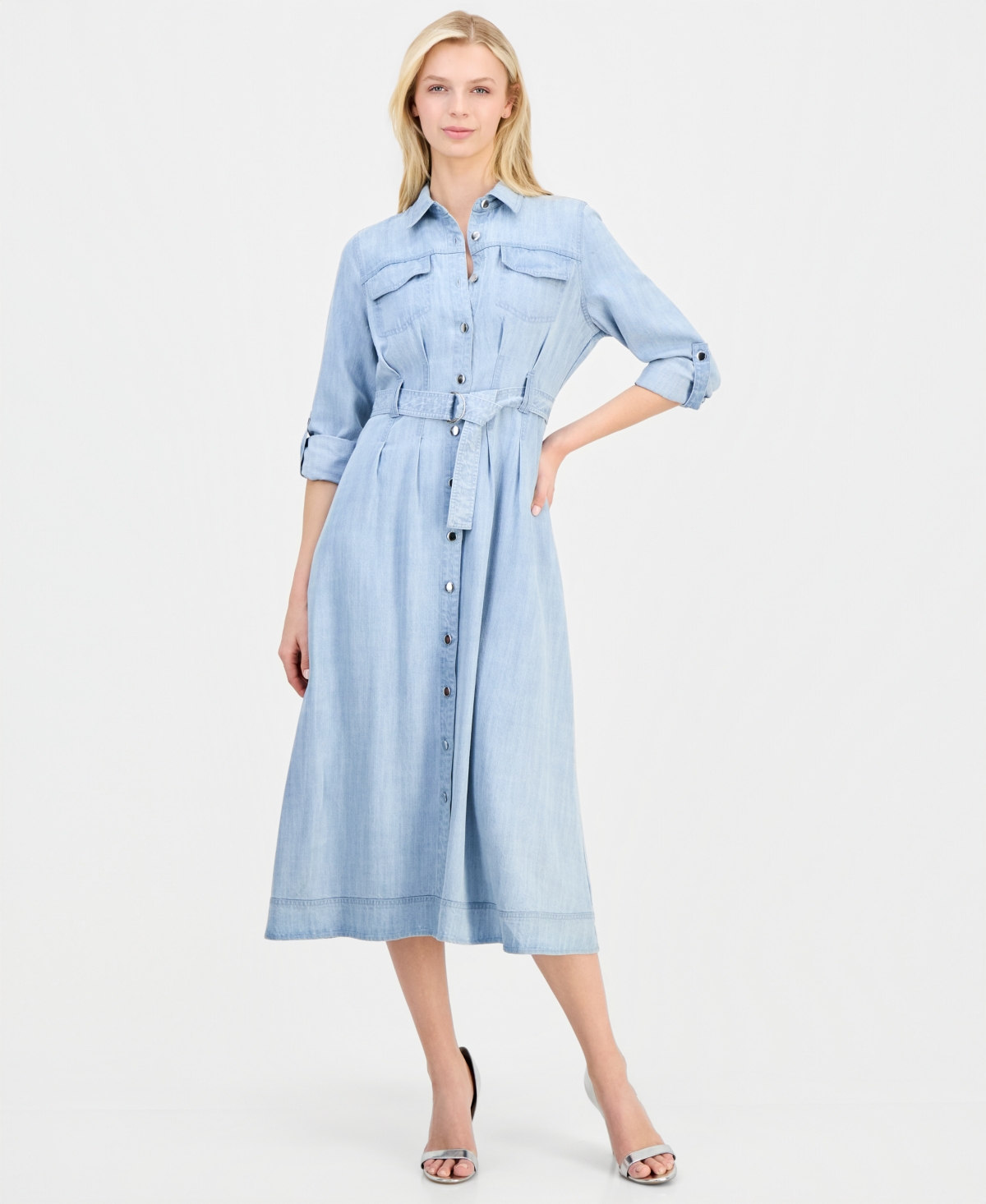T Tahari Women's Roll-Sleeve Denim Midi Shirtdress