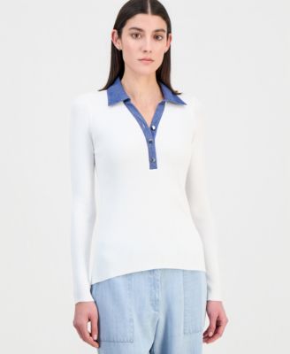 Women's Contrast Collared Ribbed Knit Sweater