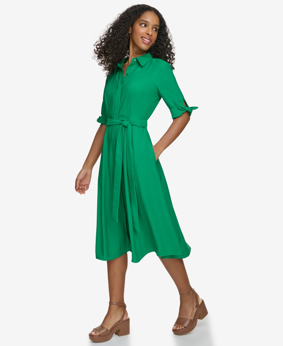 Calvin Klein Petite Tie-Sleeve Collared Midi Shirt Dress