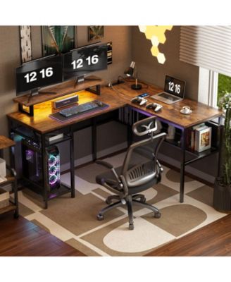 55.5'' Reversible L-shaped Desk with Power Outlets and RGB LED Lights, Computer Table with CPU Stand and Monitor Stand