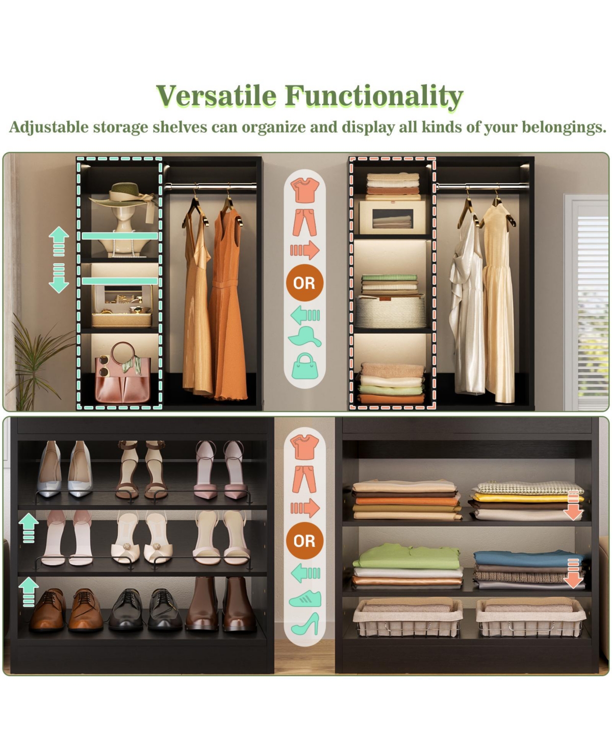 Aheaplus 28'' Freestanding Closet Storage System with 2 Drawers, Tower Hanging Rod, Shelves & Adjustable Shoe Racks