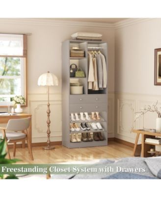 28'' Freestanding Closet Storage System with 2 Drawers, Closet Tower with Hanging Rod, Shelves & Adjustable Shoe Racks