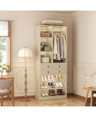 28'' Freestanding Closet Storage System with 2 Drawers, Closet Tower with Hanging Rod, Shelves & Adjustable Shoe Racks