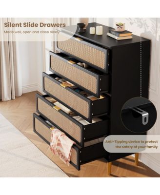 Rattan Dresser with 5 Drawers, Tall Modern Closet with Deep Storage