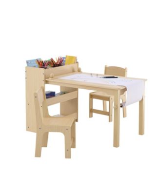 Kids Art Table with 2 Chairs Wood Activity Table with Cabinet for Craft and Learning