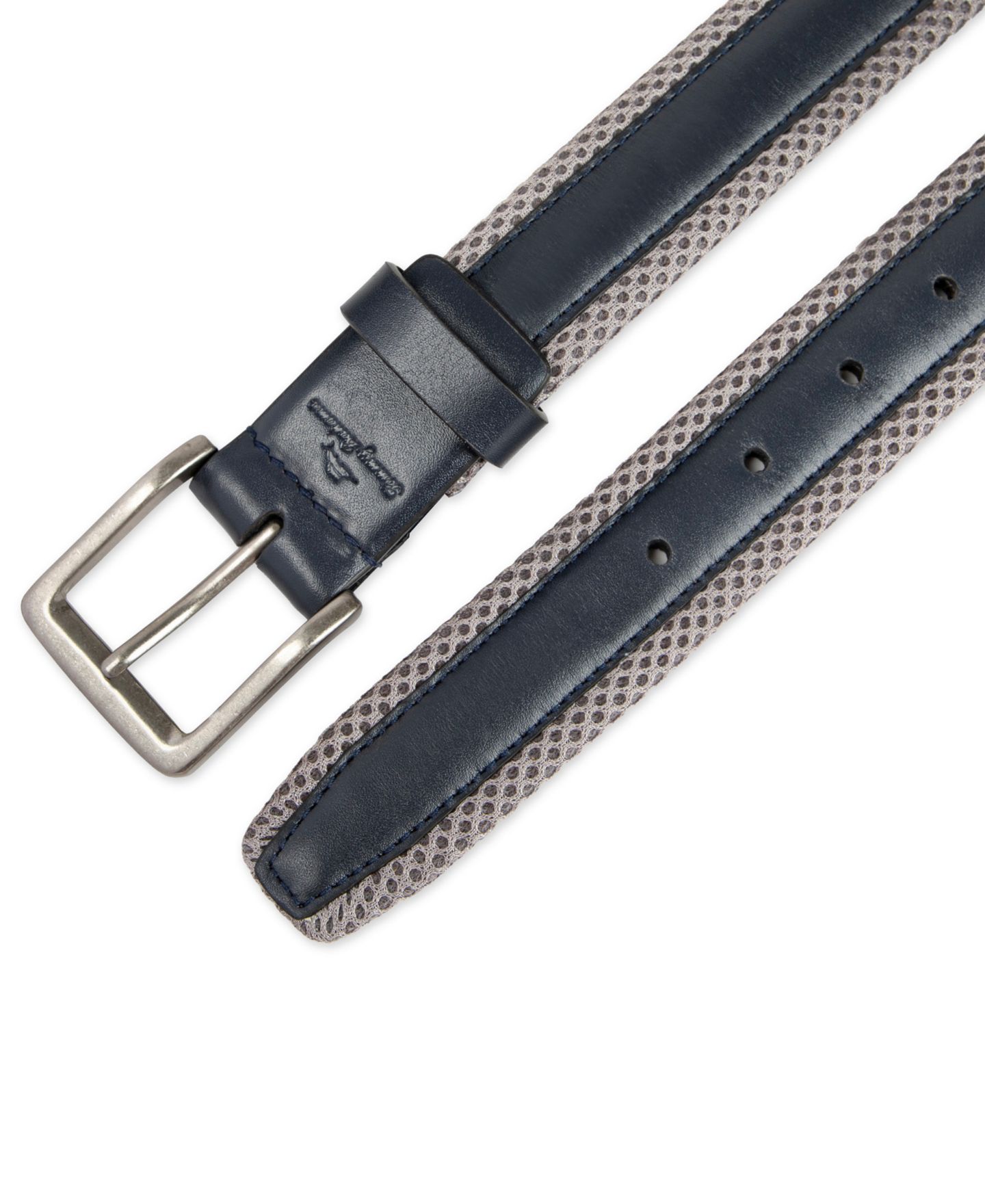 Мужской ремень Tommy Bahama Mesh Cushioned Leather Overlay Stretch Belt, цвет: Тёмно-синий / Серый — фото 4