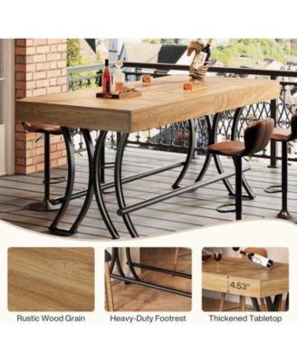 63" Counter Height Dining Table with Metal Footrest, Rectangular Tall Kitchen Bar Table, Natural