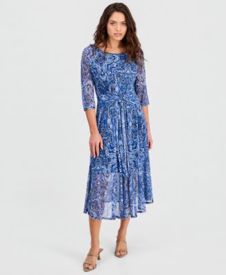 Petite Tie-Front 3/4-Sleeve Mesh Midi Dress