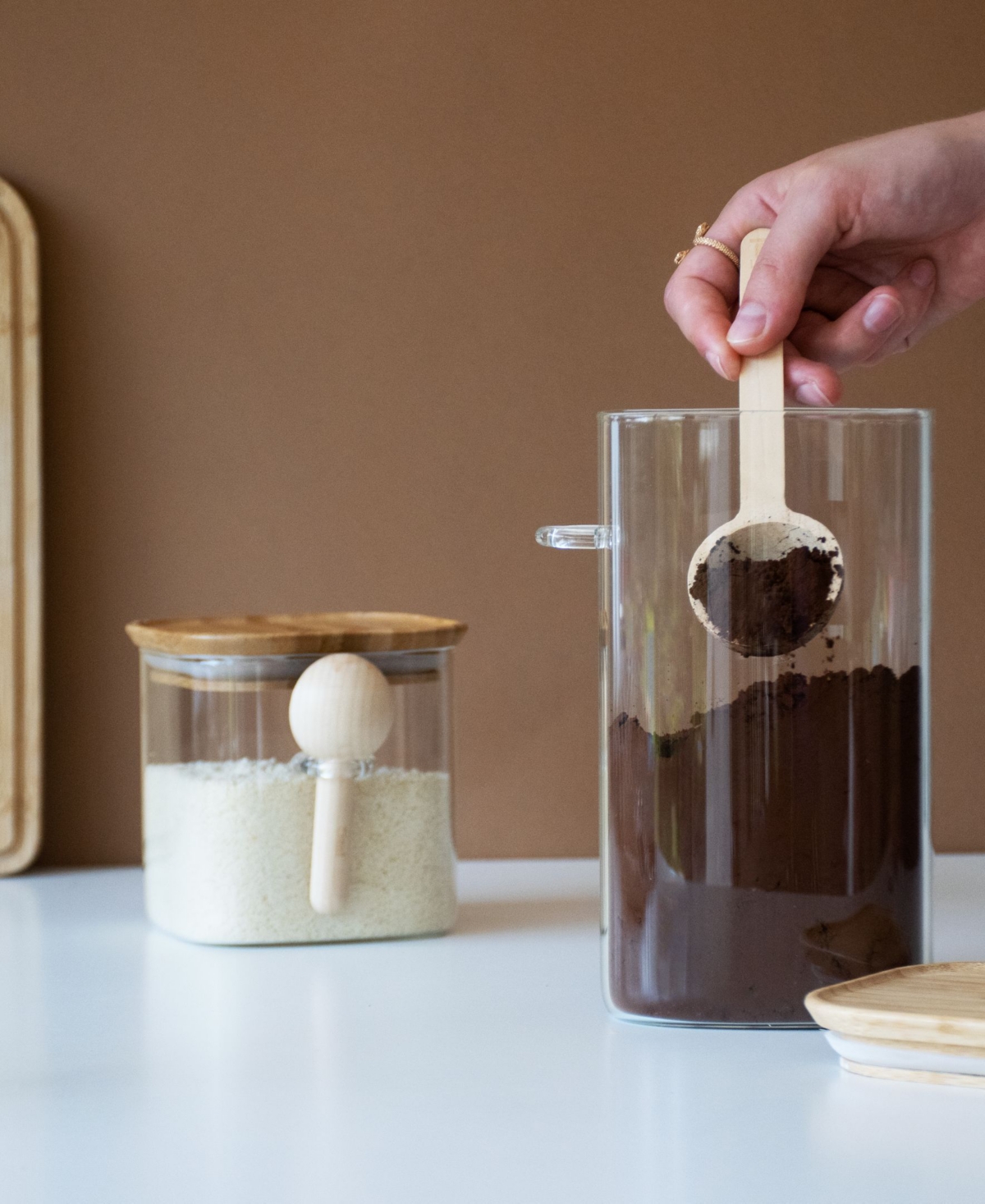 Pebbly Square Glass Bamboo Canisters with Scoop, Set of 2