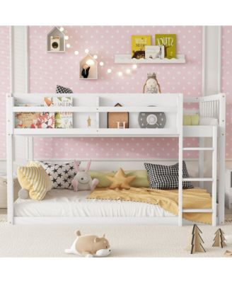 Wood Kids Juniors Low Twin Over Twin Bunk Bed Floor Bunk Bed with Ladder and Built-in Shelf