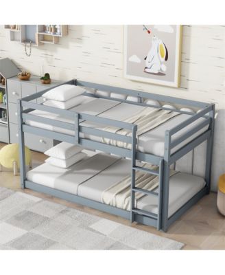 Bunk Bed with Ladder Solid Rubber Wood Floor Bunk Bed with Storage & Guardrails