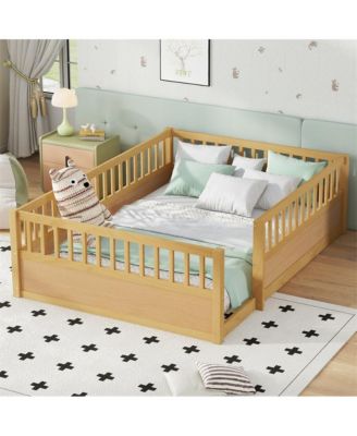 Montessori Wooden Floor Bed with Safety Fence Kids Low Profile Play Bed Frame for Bedroom & Playroom