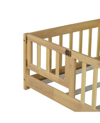 Twin Size Floor Bed with Safety Fence & Door Rubber Wood Kids Bed for Compact Rooms