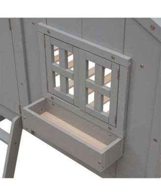 Twin over Twin House Bunk Bed with Roof Window Door & Safety Guardrails Playful Wooden Loft Bed for Kids