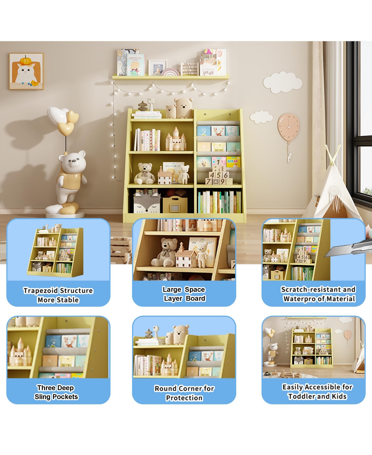 Cesicia Yellow Wooden Kids Bookshelf Baby Sling Book Rack Shelf for Playroom