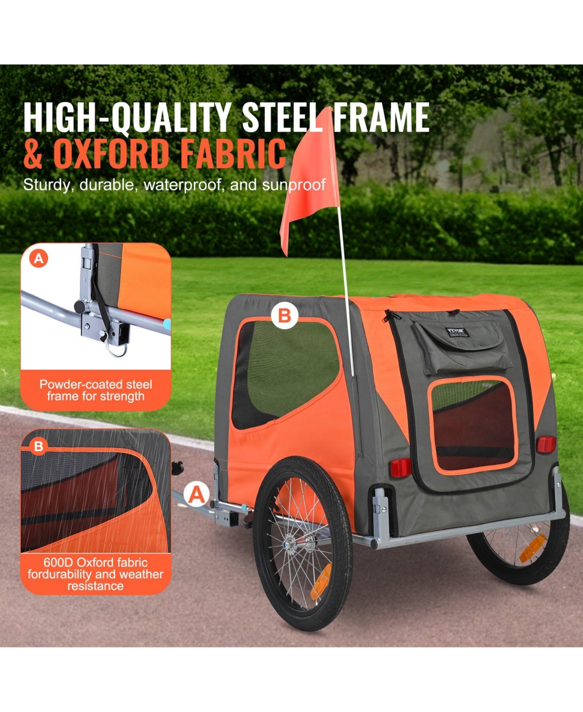 Cozito Foldable Pet Bike Trailer with Universal Coupler, Holds up to 66 lbs., Orange & Gray