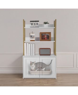 Wooden Litter Box Enclosure with 2-Tier Shelves & Metal Legs, 27.6"