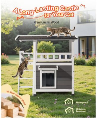 30" 2-Story Wooden Outdoor Cat House with Balcony & Stairs