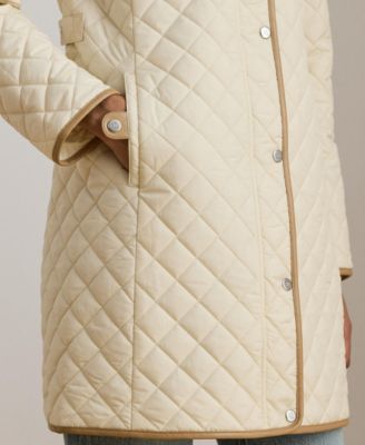 Womens Hooded Quilted Faux-Suede-Trim Coat